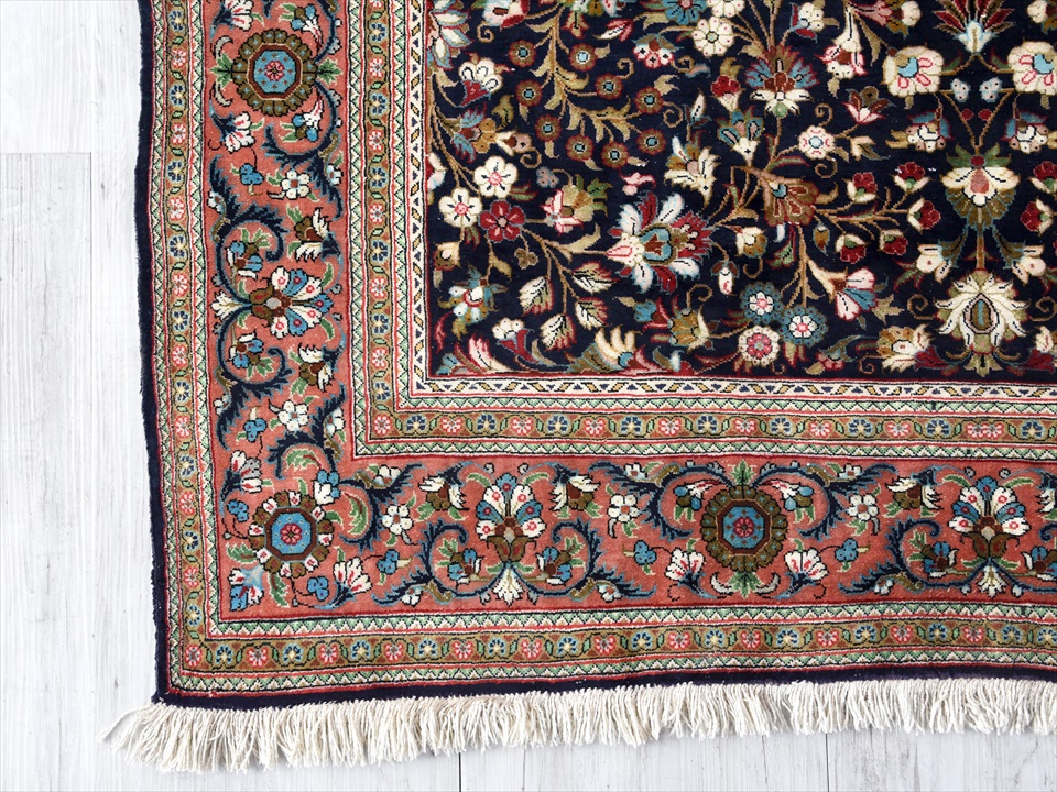 ペルシャ絨毯・手織りラグ/コム シルク ネイビー/草花のデザイン